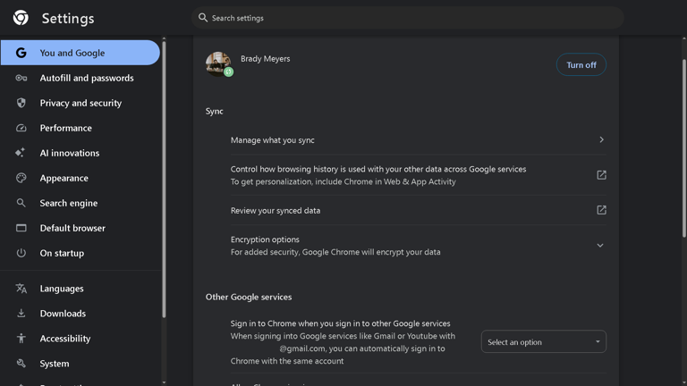 Accessing the You and Google tab in Google Chrome's Settings.