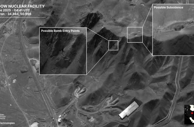 Satellite imagery from Iran’s Fordow nuclear facility June 22, 2025. (photo credit: MAXAR TECHNOLOGIES/VIA REUTERS )