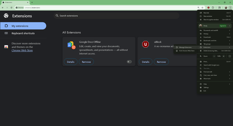 Enabling and disabling extensions in Google Chrome.
