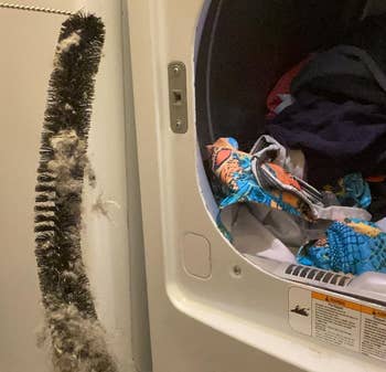Lint buildup in a dryer vent next to laundry essentials, highlighting a potential fire hazard in home appliances