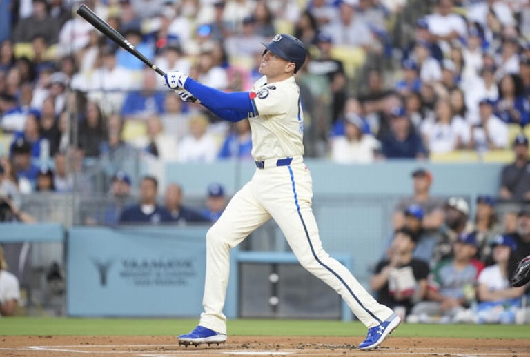 Jun 21, 2025; Los Angeles, California, USA; Los Angeles Dodgers first base Freddie Freeman (5) flies out to left field in the first inning against against the Washington Nationals at Dodger Stadium. Mandatory Credit: Kirby Lee-Imagn Images
