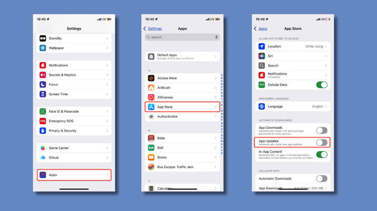 screenshots of iPhones Settings pages showing how to toggle off Auto App Updates
