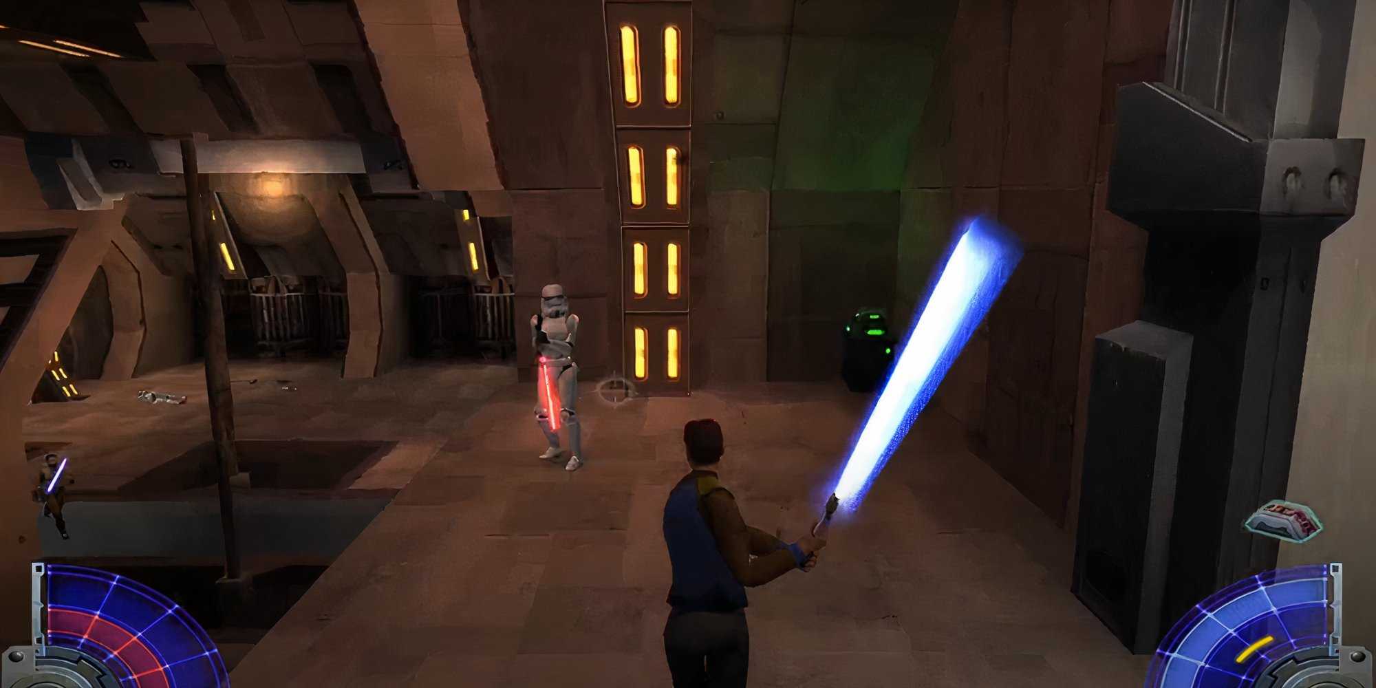 Using a lightsaber to fight a stormtrooper with a blaster in Jedi Knight: Jedi Academy