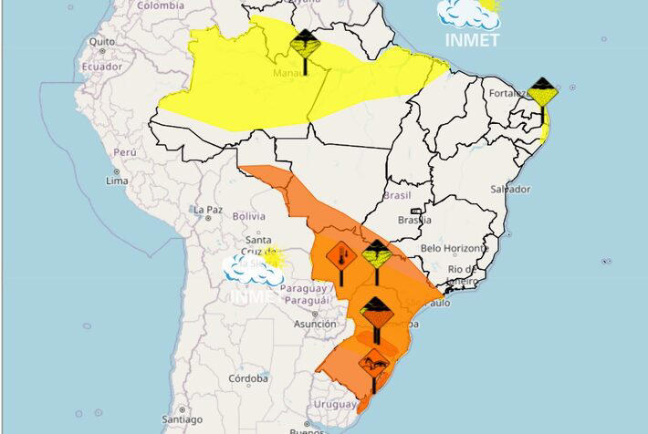 Queda de temperatura deve ser superior a 5ºC nos locais indicados em laranja no mapa. Foto: Reprodução/Inmet