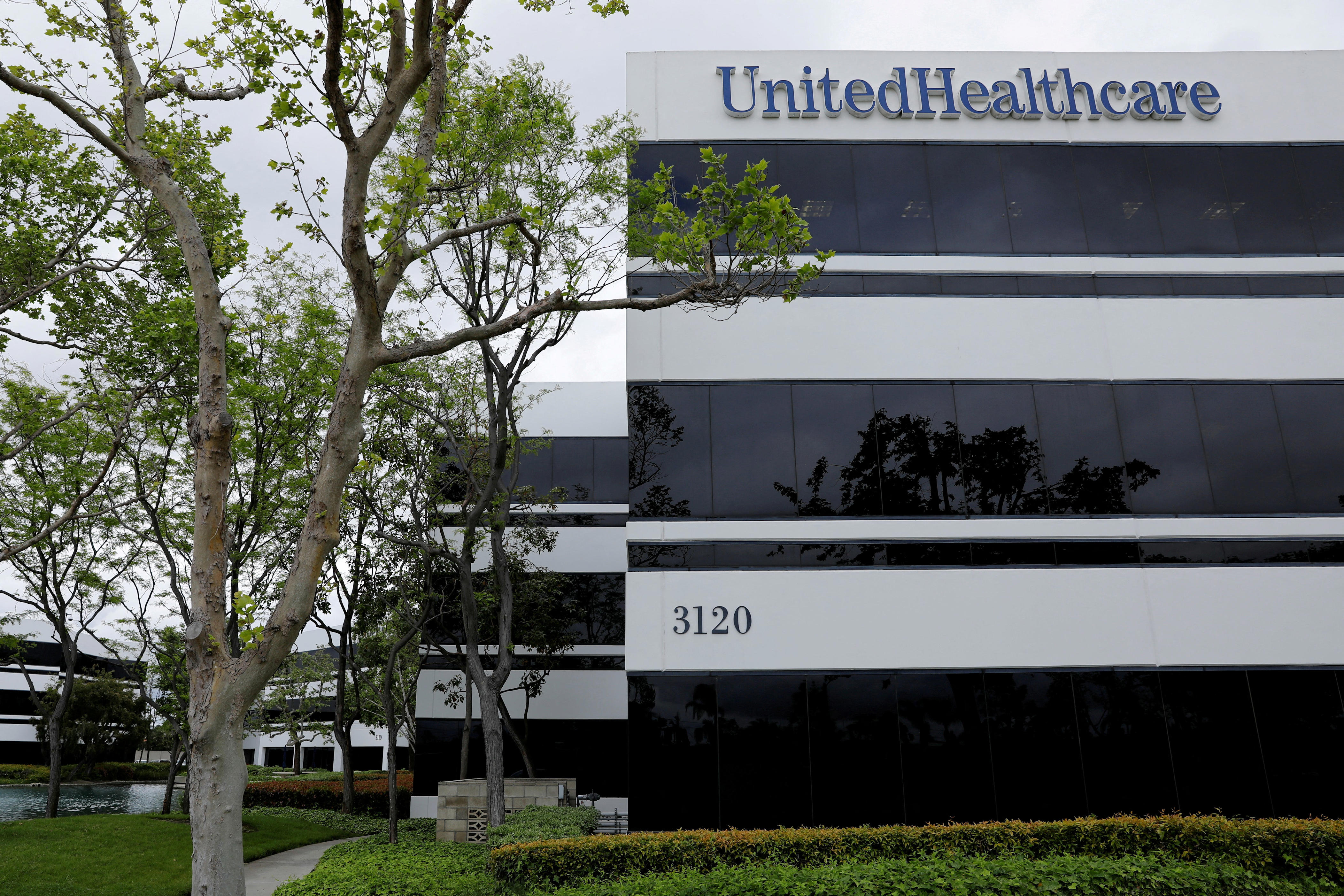 The corporate logo of the UnitedHealth Group appears on the side of one of their office buildings in Santa Ana, California, U.S., April 13, 2020.
