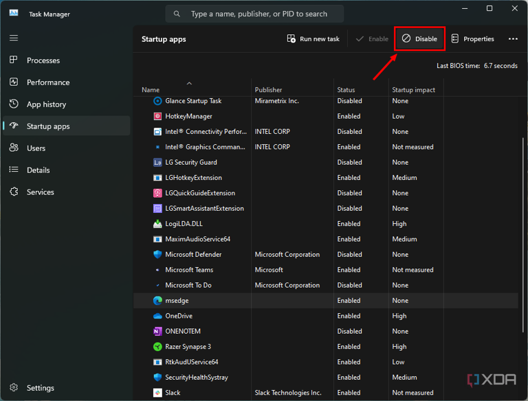 Screenshot of the Startup apps page in the Windows 11 Task Manager with Microsoft Edge selected and the Disable button highlighted
