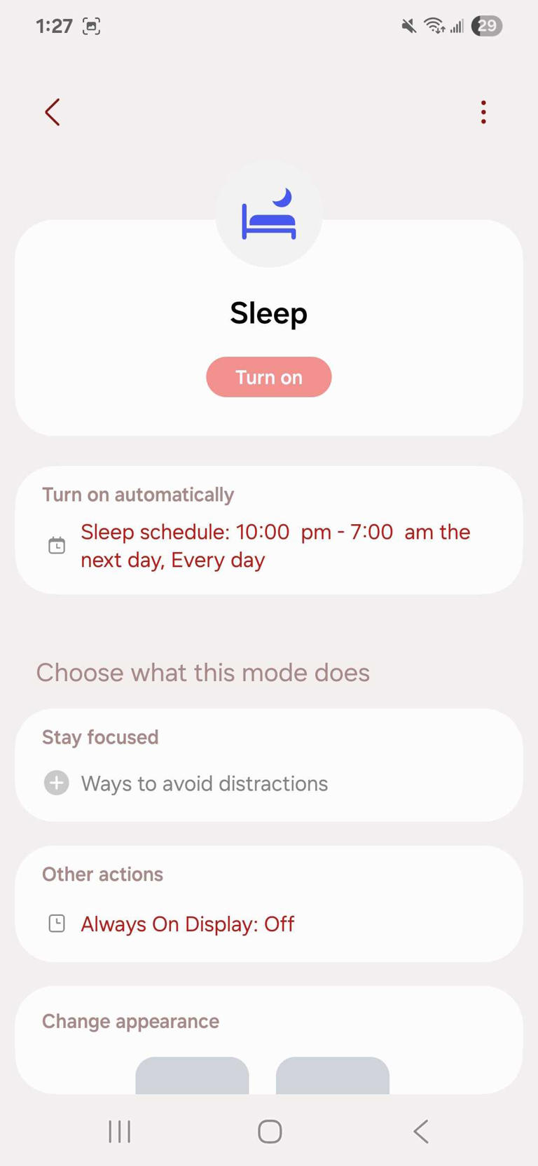 Setting up bedtime mode on a Samsung phone with various options to change