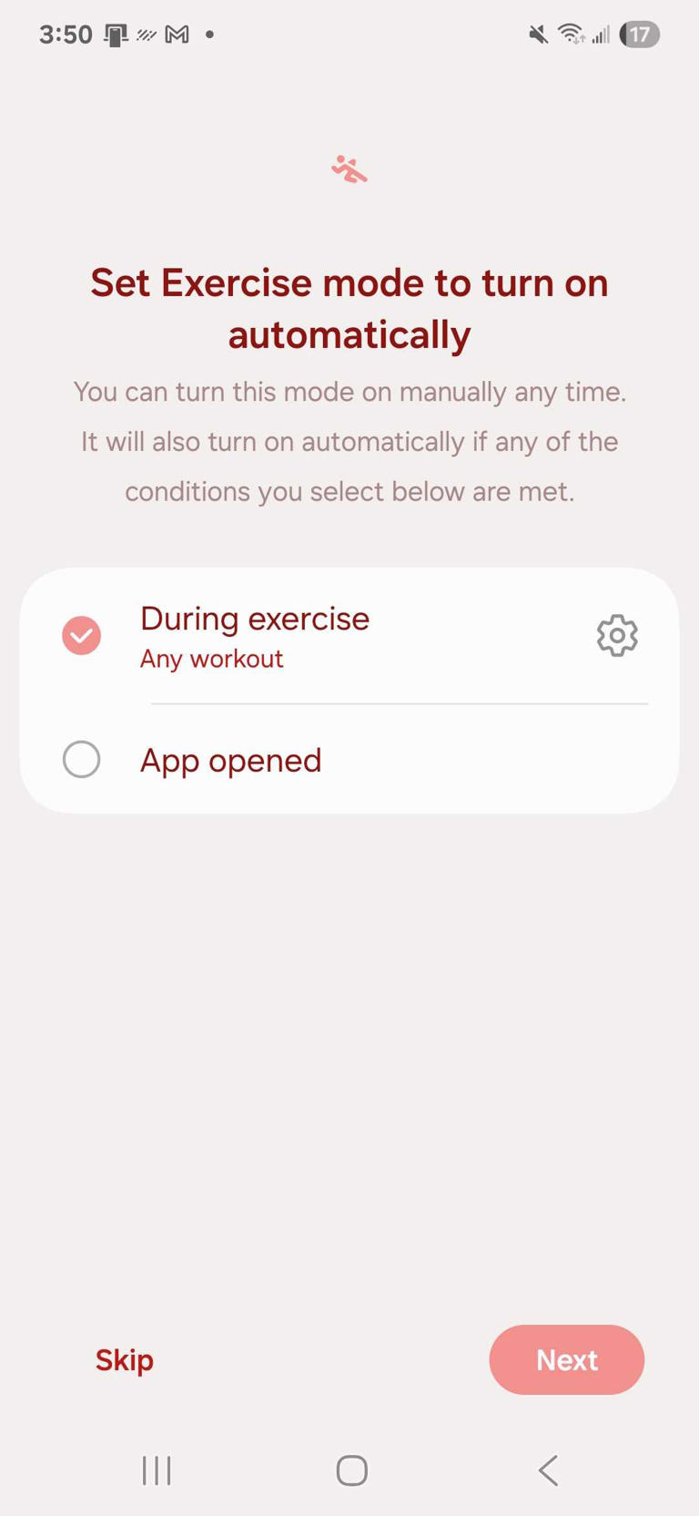 Setting up Exercise mode on a Samsung phone with During exercise option selected