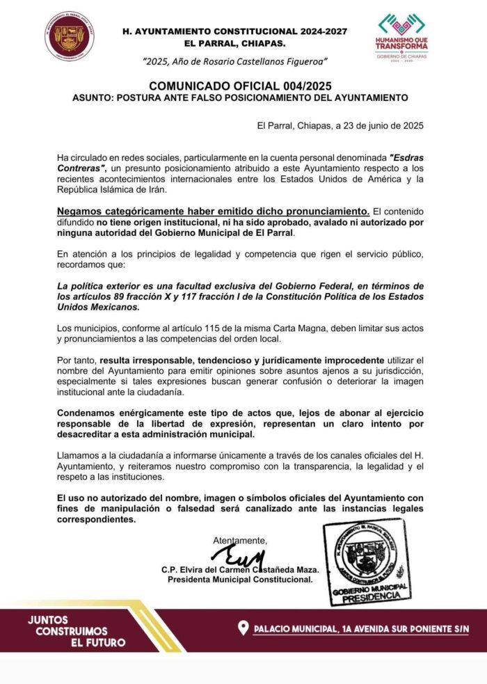 Chiapas | Ayuntamiento de El Parral se deslinda de comunicado apócrifo  sobre EU, Israel e Irán