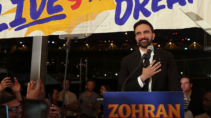 Democratic mayoral candidate Zohran Mamdani takes the stage at his primary election party in New York, 25 June 2025