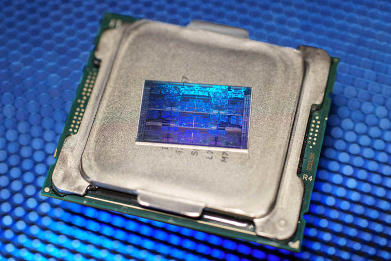 Close up of a delidded Intel CPU