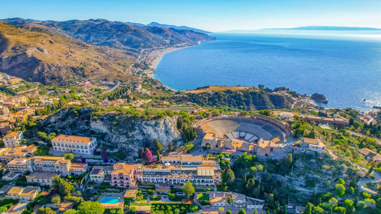 Aerial,View,Of,The,Ancient,Theater,Of,Taormina,With,Mount