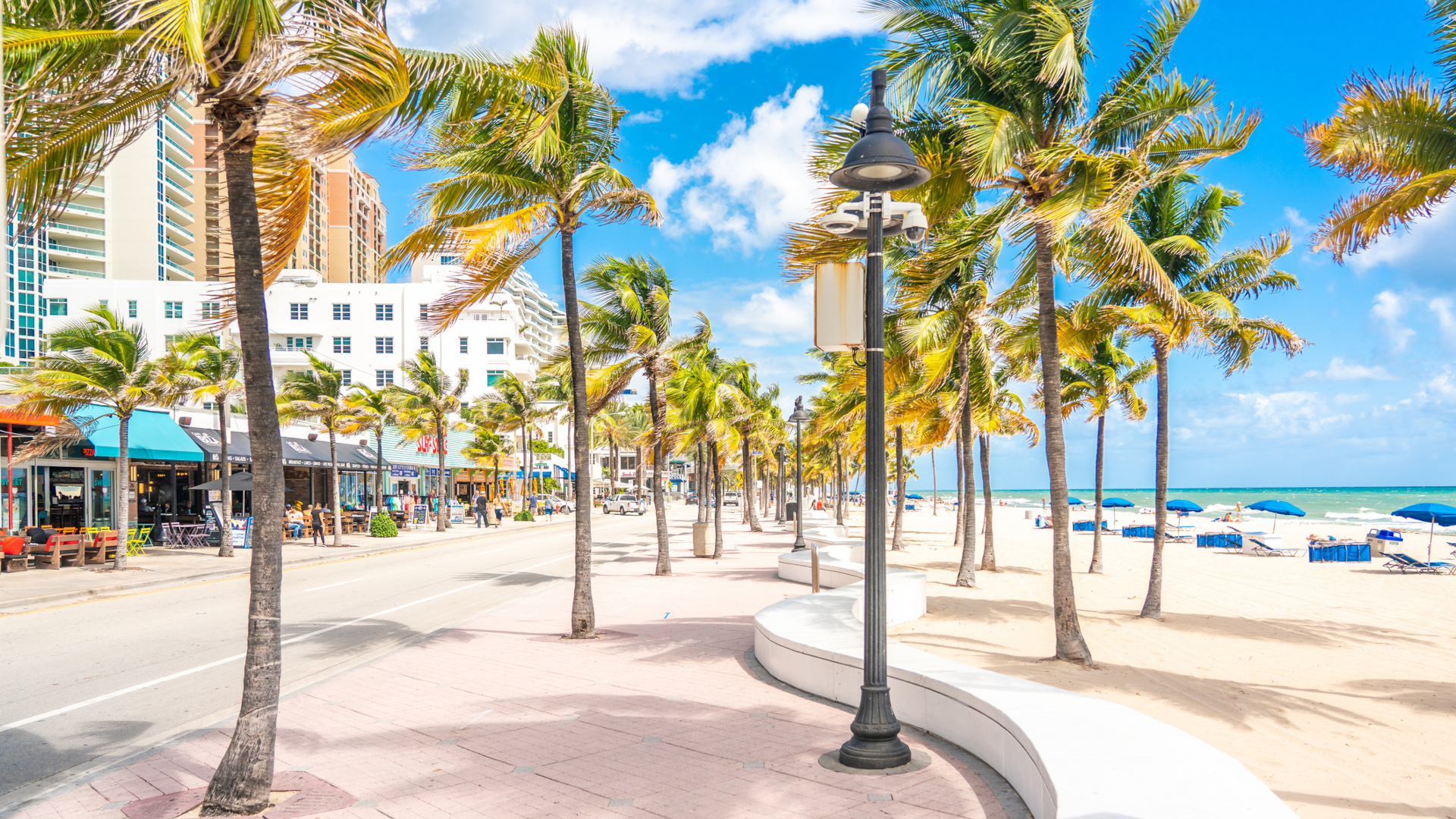 Seafront beach promenade with palm trees on a sunny day in Fort Lauderdale