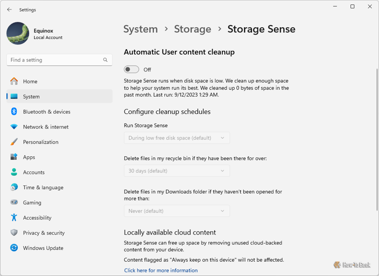 The Storage Sense options on Windows 11. 