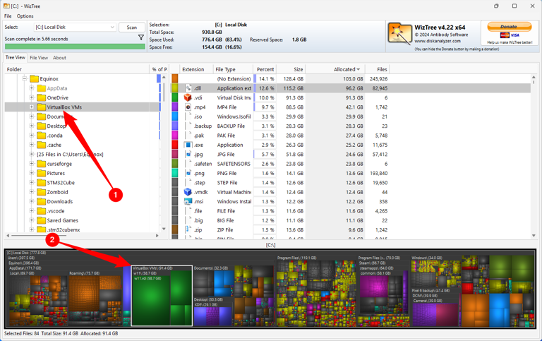 Selecting a parent folder in WizTree. 