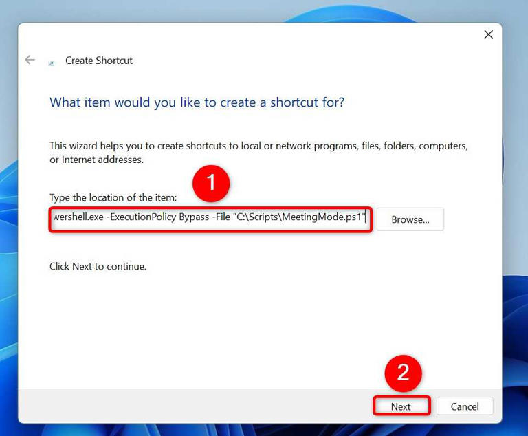 Various options highlighted on the "Create Shortcut" window.