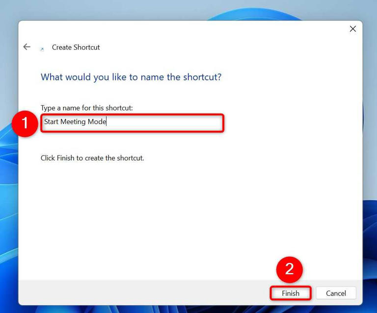 Various options highlighted on the "Create Shortcut" window.