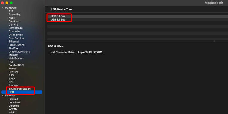 Checking the version of USB ports in System Information on macOS.