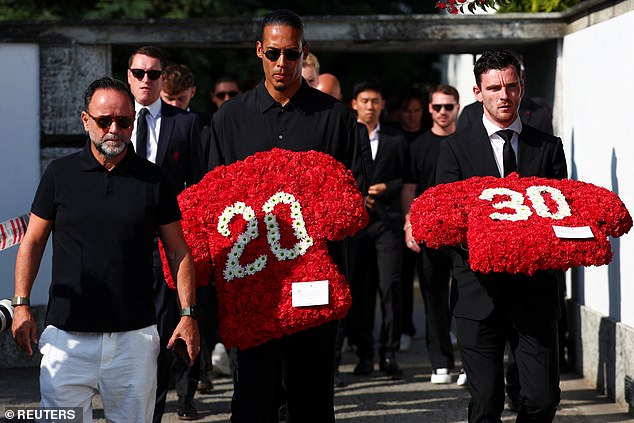 Liverpool's captain Virgil van Dijk and Liverpool's Andrew Robertson paid their respects, carrying bouquets of flowers on the day of the funeral ceremony
