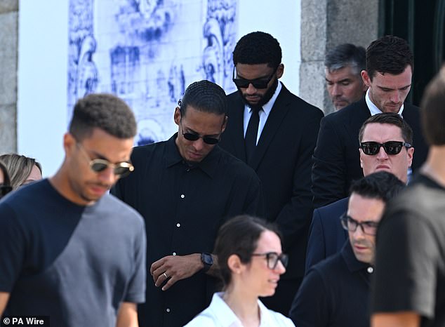 Liverpool's captain Virgil van Dijk, defender Joe Gomez and defender Andy Robertson left the Igreja Matriz de Gondomar following Jota and Andre's funeral service 