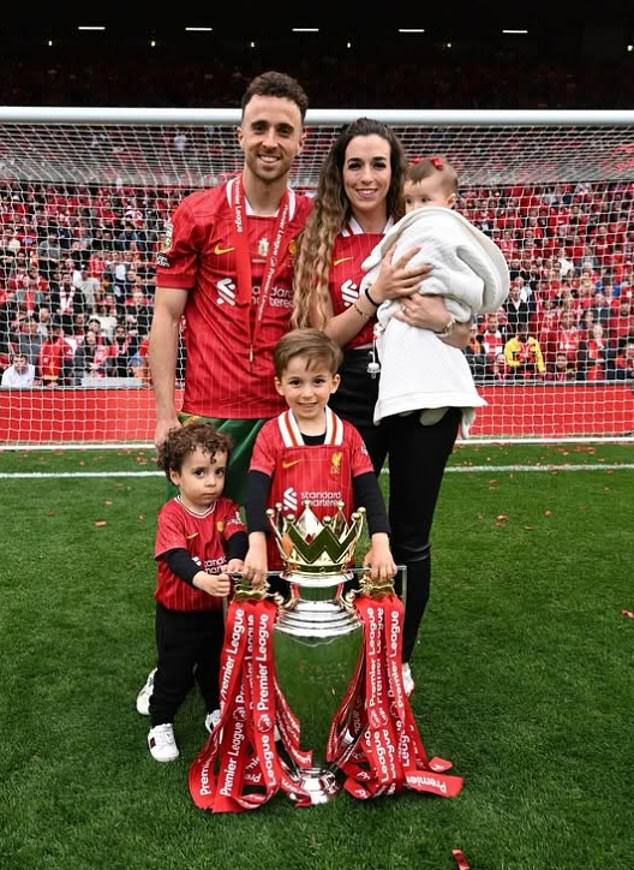 Two weeks ago, Rute and Liverpool's Jota, both 28, (pictured with their children) exchanged wedding vows before family and friends