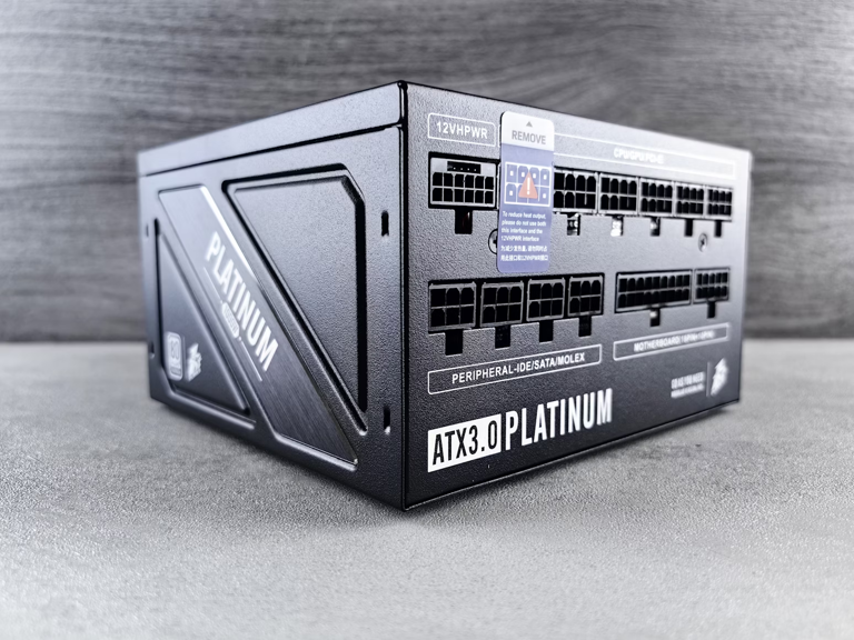 An ATX 3.0 Platinum power supply in front of a grey background.