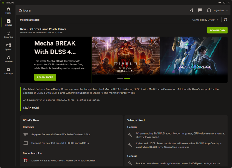 A screenshot from the Nvidia App.