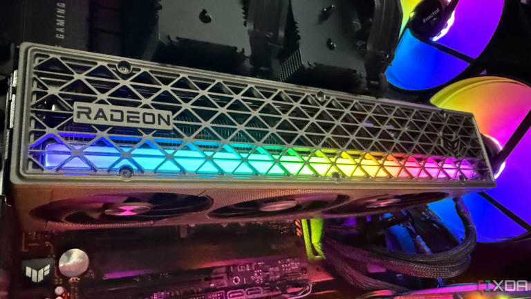 A photo of a RX 9070 graphics card installed in a PC build