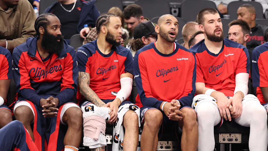 Dec 4, 2024; Inglewood, California, USA; Los Angeles Clippers guard James Harden (1, left), guard Amir Coffey (7), forward Nicolas Batum (33) and center Ivica Zubac (40, right) watch from the bench during the second half against the Minnesota Timberwolves at Intuit Dome. Mandatory Credit: Kiyoshi Mio-Imagn Images | Kiyoshi Mio-Imagn Images