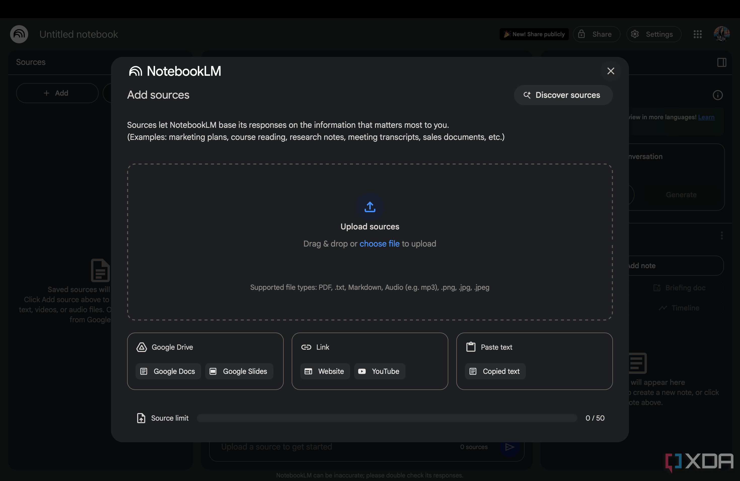 NotebookLM Add Sources page