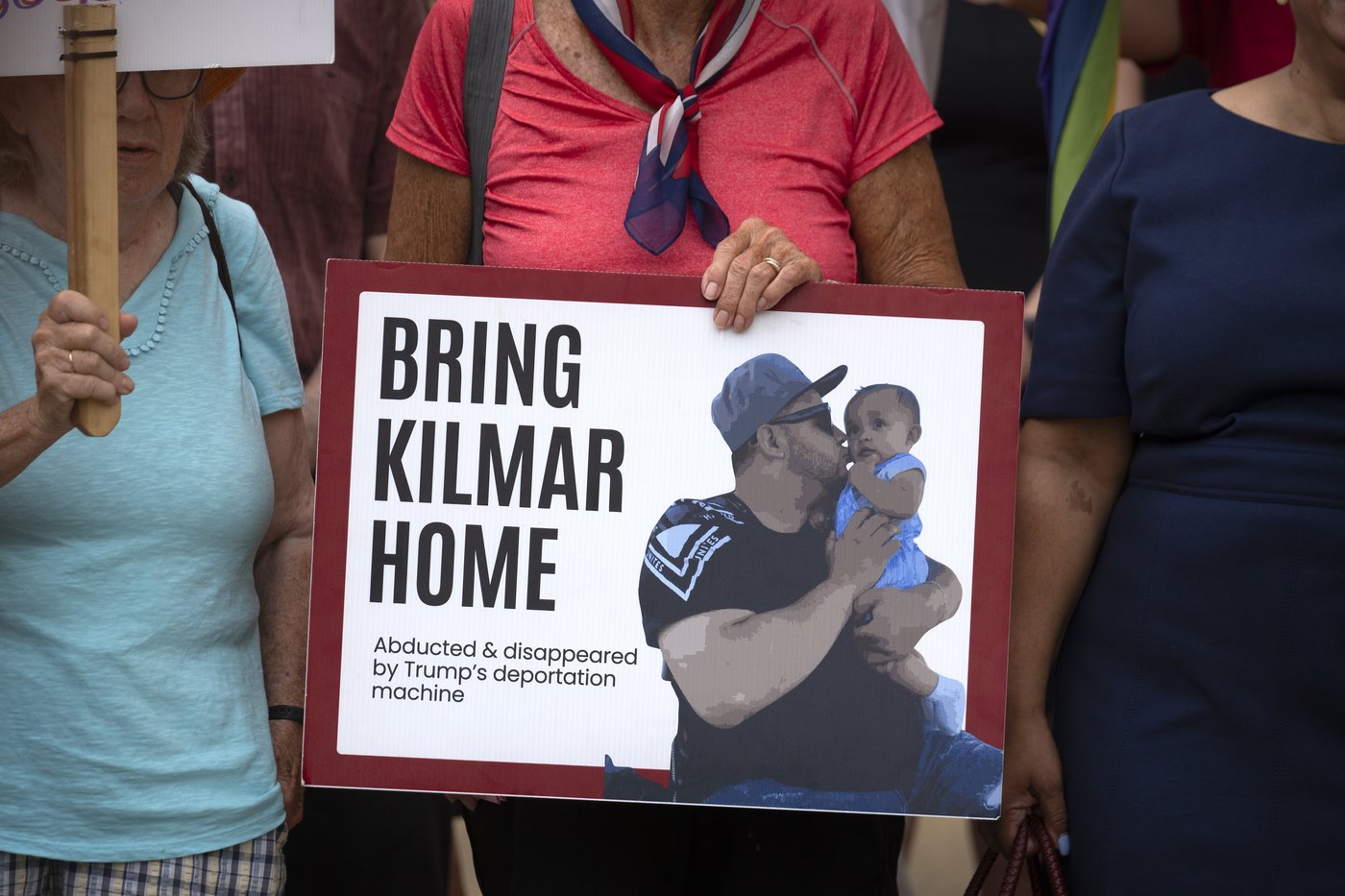 Supporters of Kilmar Abrego Garcia rally outside of the U.S. District Court in Greenbelt, Md., where a hearing was scheduled to be held on returning him to Maryland, Monday, July 7, 2025. (AP Photo/Mark Schiefelbein)