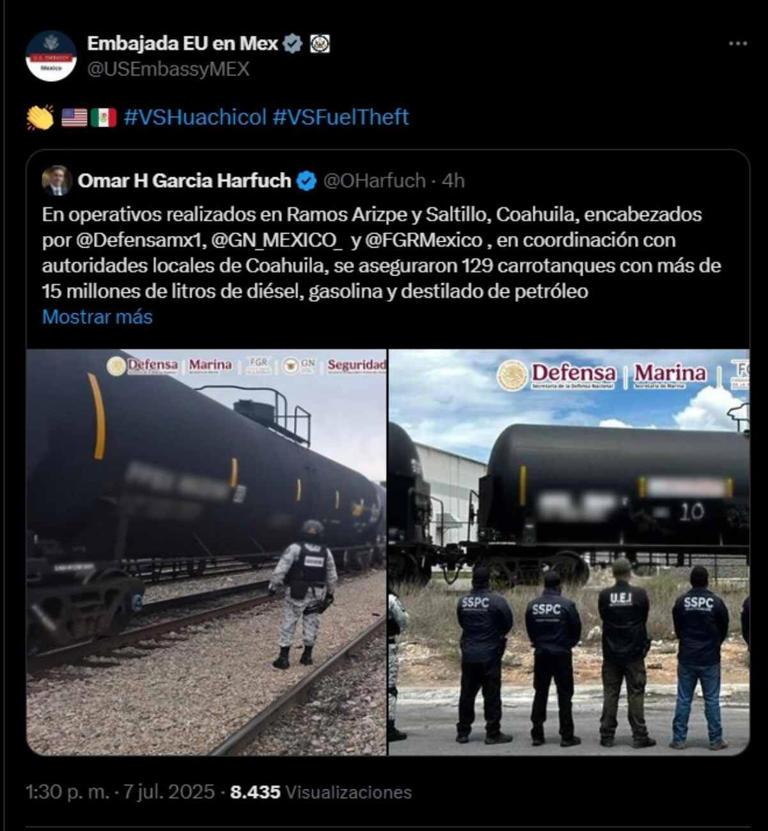 Reacción de la Embajada de Estados Unidos en México ante el decomiso hecho por el Gabinete de Seguridad. Foto: Captura