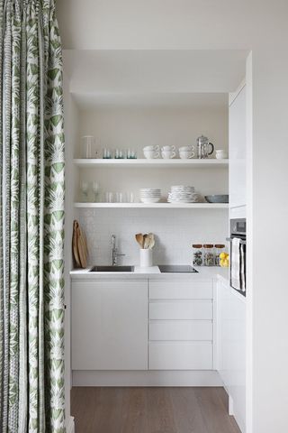 modern white kitchen open shelving
