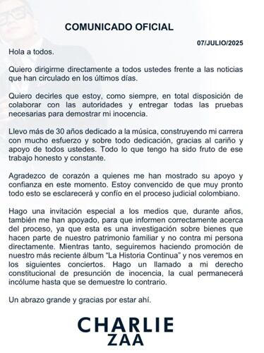 Tras los señalamientos en su contra, el intérprete rompió el silencio mediante este comunicado de prensa. Foto: Instagram.