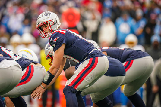 Dec 28, 2024; Foxborough, Massachusetts, USA; New England Patriots quarterback Drake Maye (10) on the field against the Los Angeles Chargers in the first quarter at Gillette Stadium. Mandatory Credit: David Butler II-Imagn Images