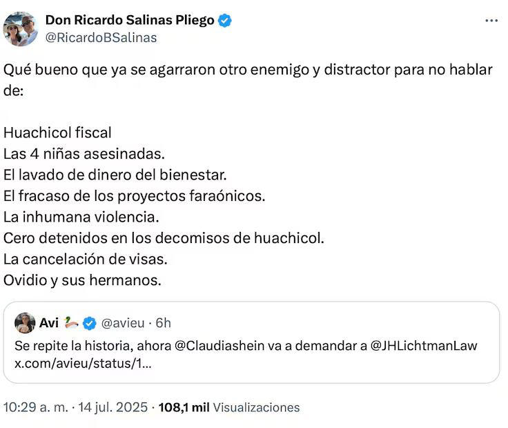 Salinas Pliego feliz por la demanda de Sheinbaum contra abogado de Ovidio Guzmán: “qué bueno que tienen nuevo enemigo”