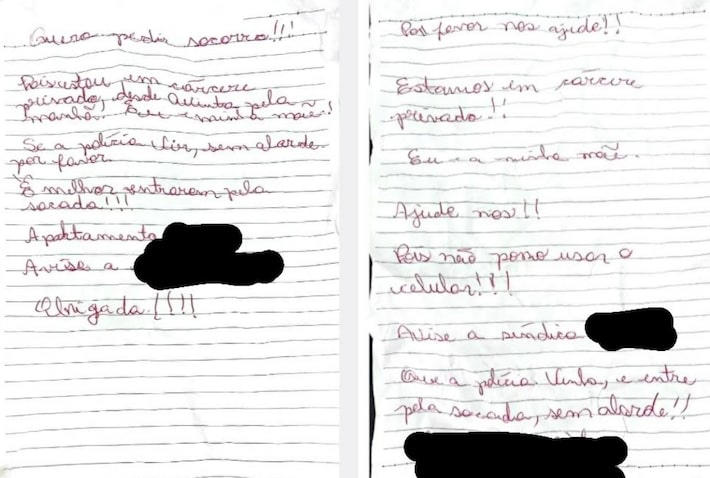 Vítimas jogaram bilhetes pela janela do apartamento para pedir ajuda. Foto: Divulgação/Polícia Militar PR