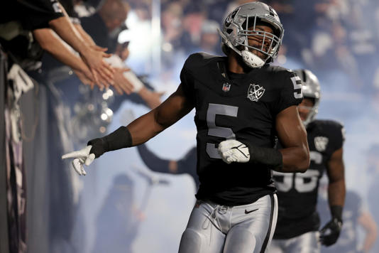 LAS VEGAS, NEVADA - DECEMBER 16: Divine Deablo #5 of the Las Vegas Raiders takes the field prior to the game against the Atlanta Falcons at Allegiant Stadium on December 16, 2024 in Las Vegas, Nevada. (Photo by Ian Maule/Getty Images)