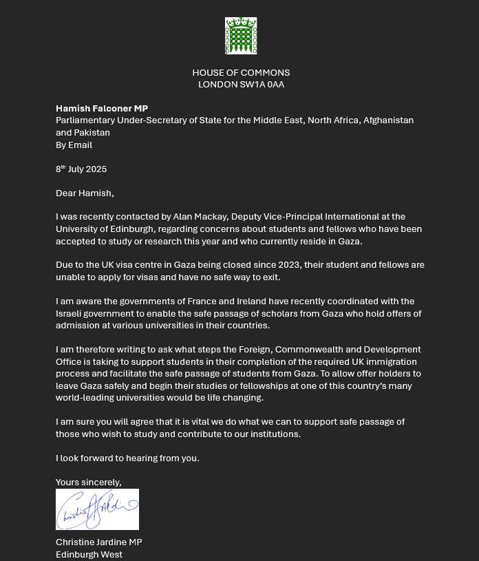 Jardine calls for safe passage of students from Gaza to Edinburgh