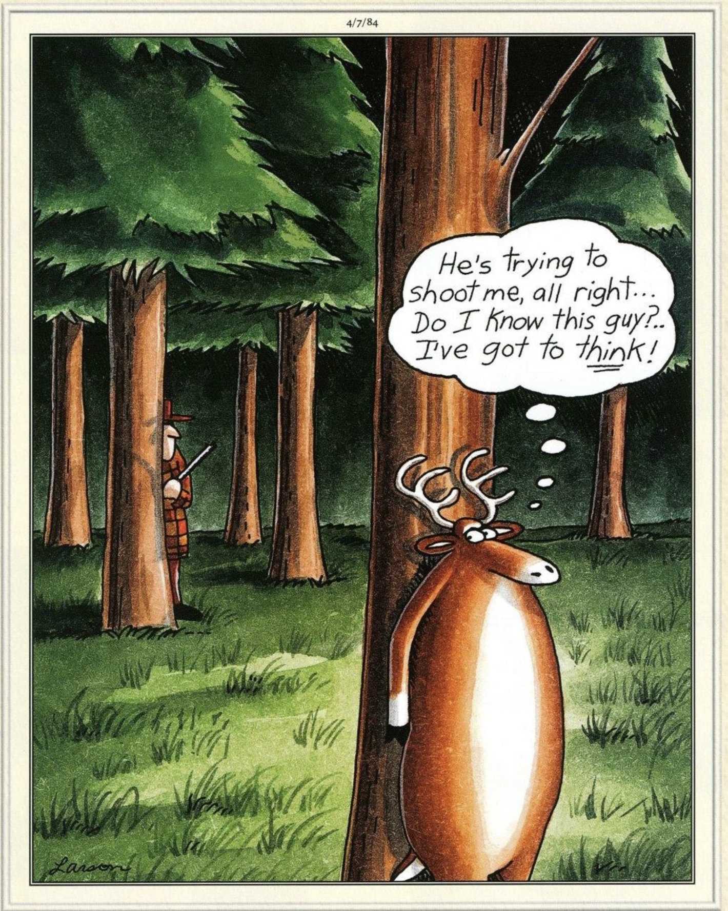 Far Side, April 7, 1984, deer hiding from a hunter