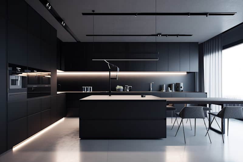 A sleek and modern, dark black kitchen exudes industrial edge and sophisticated style