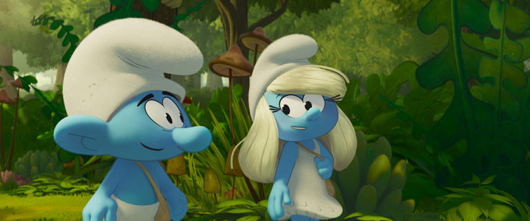 No Name (James Corden) gets help in finding his special something from pal Smurfette (Rihanna) in the musical adventure "Smurfs." Both are up for Razzie Awards.