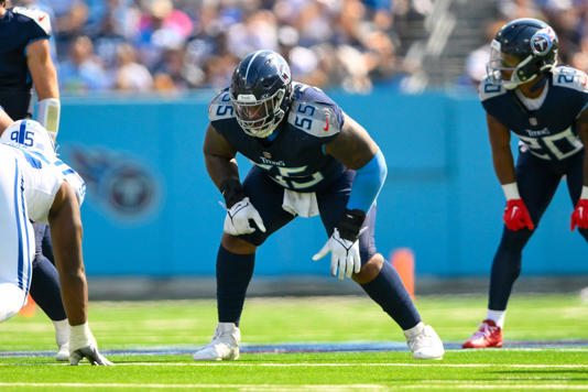 Oct 13, 2024; Nashville, Tennessee, USA; Tennessee Titans offensive tackle JC Latham (55) in his stance against the Indianapolis Colts during the first half at Nissan Stadium. Mandatory Credit: Steve Roberts-Imagn Images