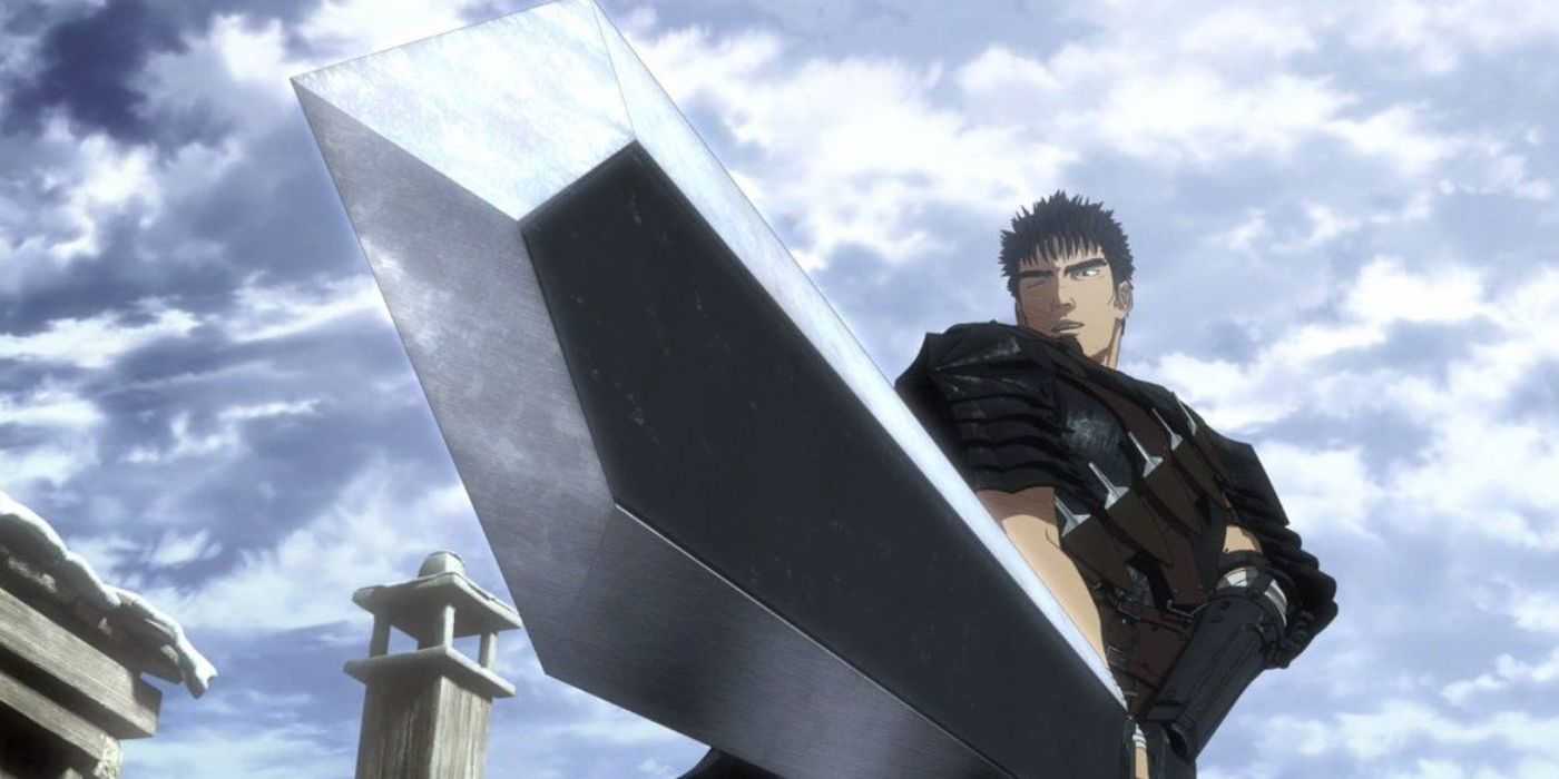 Guts under a cloudy sky with his sword drawn in the anime Berserk.