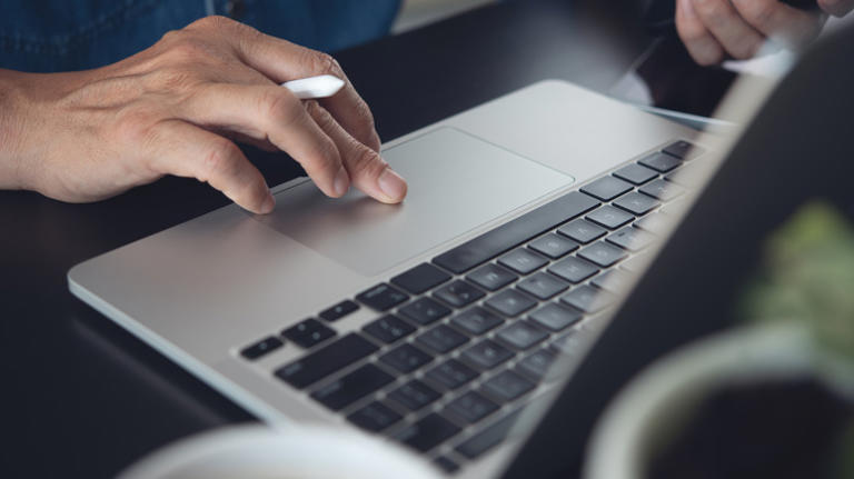 Person using a laptop with pen in hand