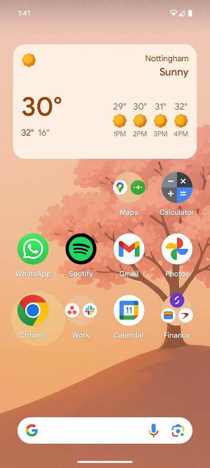 android home screen showing apps and widgets on peach background
