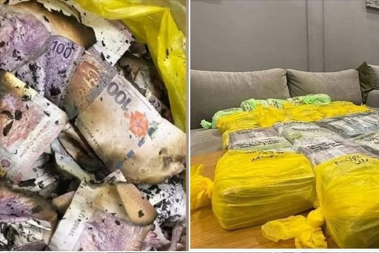 Penampakan uang 1 juta ringgit (Rp 3,8 miliar) yang dibakar manajer proyek diduga untuk menghilangkan barang bukti kasus korupsi di Petaling Jaya, Negara Bagian Selangor, Malaysia, Sabtu (19/7/2025).