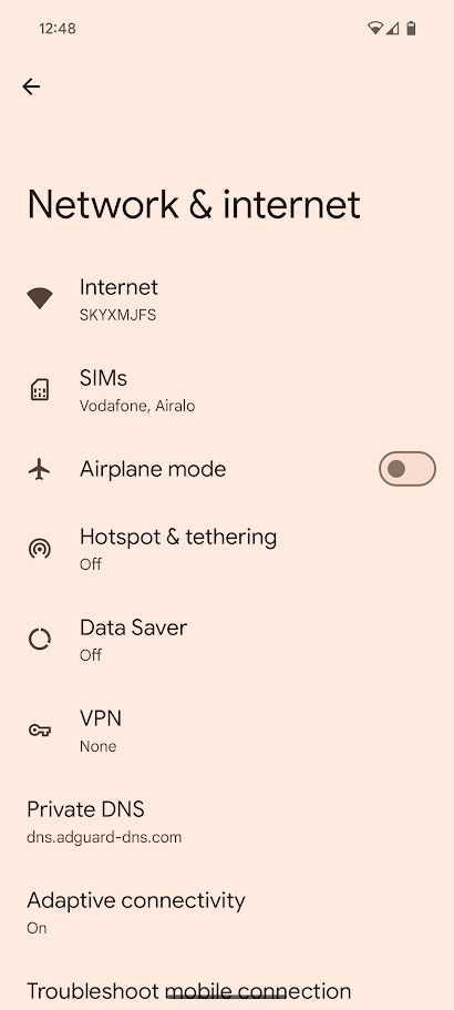 android network and internet settings page
