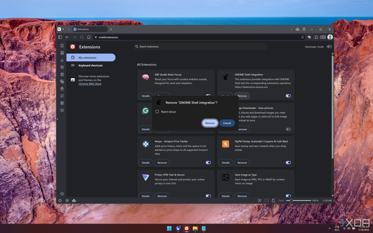 Screenshot of the extensions page in Vivaldi showing a popup for removing an extension