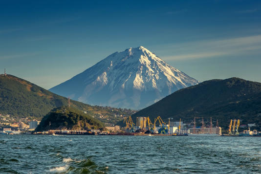 View of the city Petropavlovsk-Kamchatsky, Avacha Bay and Koryaksky volcano, Russian Far East, Kamchatka Peninsula